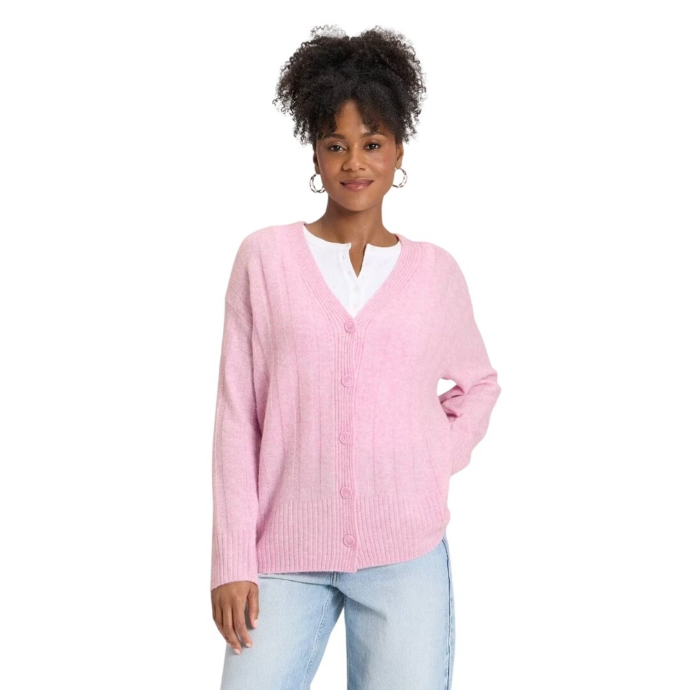 Universal Thread Women's Pink V‎ Neck Button Ribbed Cardigan Sweater Size XS
